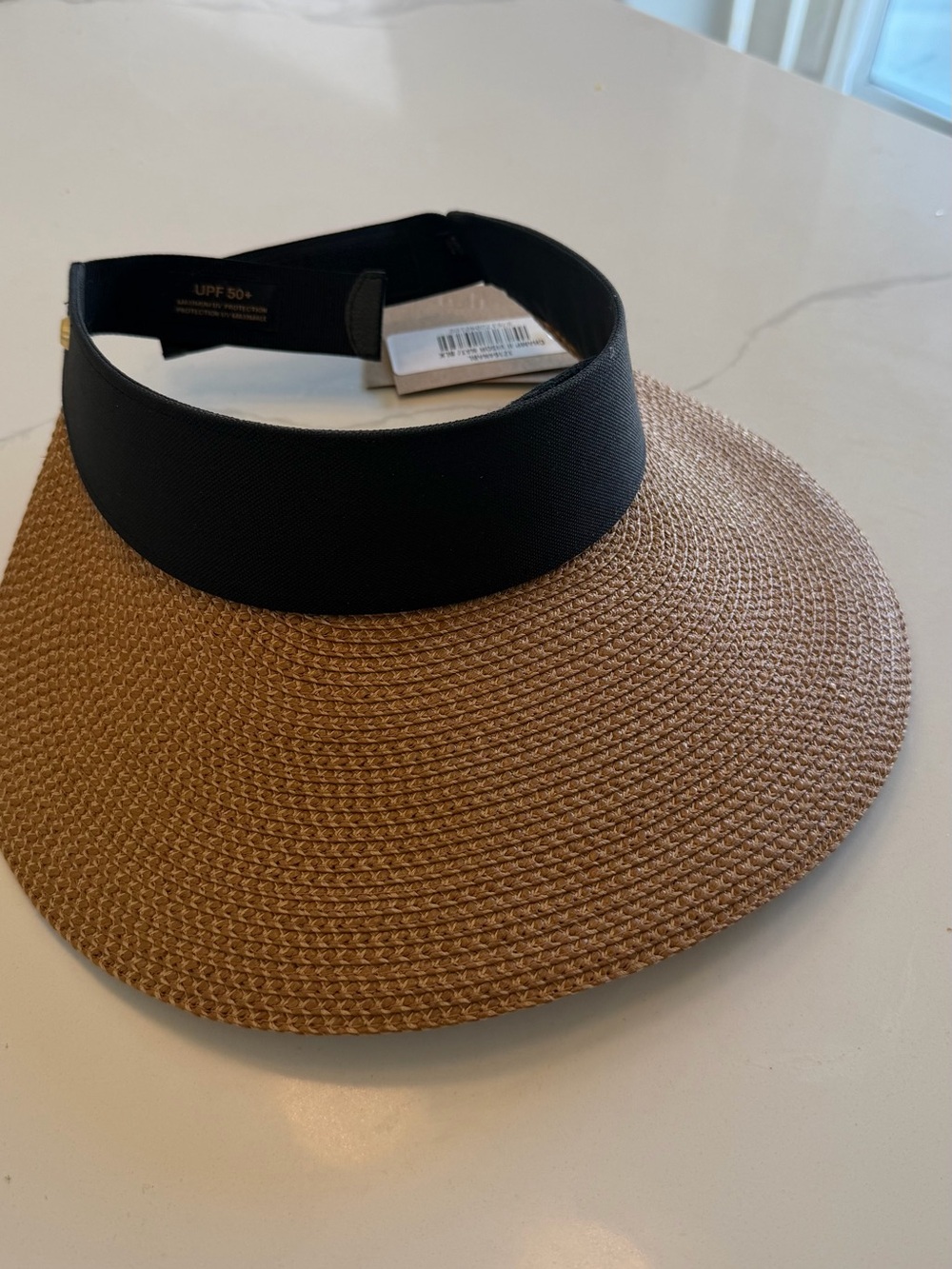 Eric Javits Tan Straw Visor with Black Band